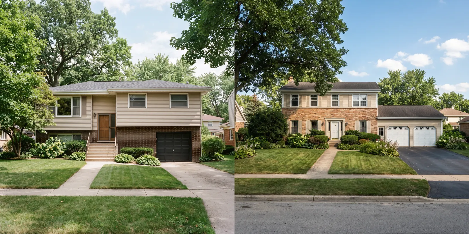 Illustration of a raised ranch and a 1980s two-story home, typical of Buffalo Grove, Illinois