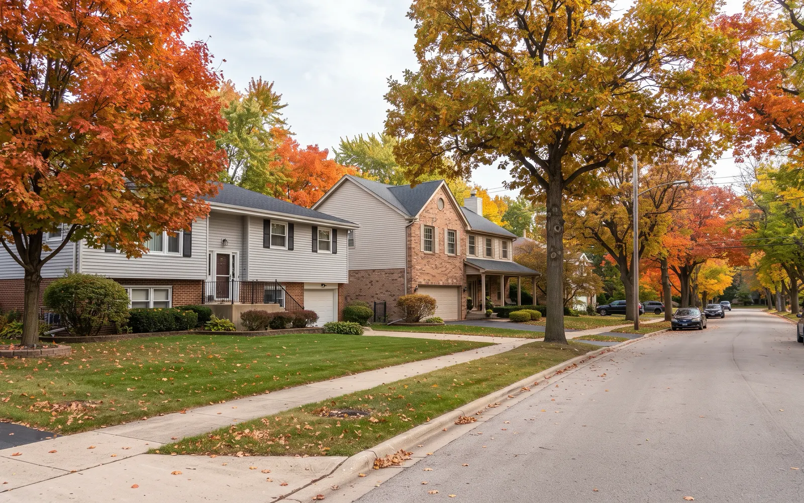 Illustration of a tree-lined residential street with a raised ranch and a two-story home, typical of Buffalo Grove, Illinois
