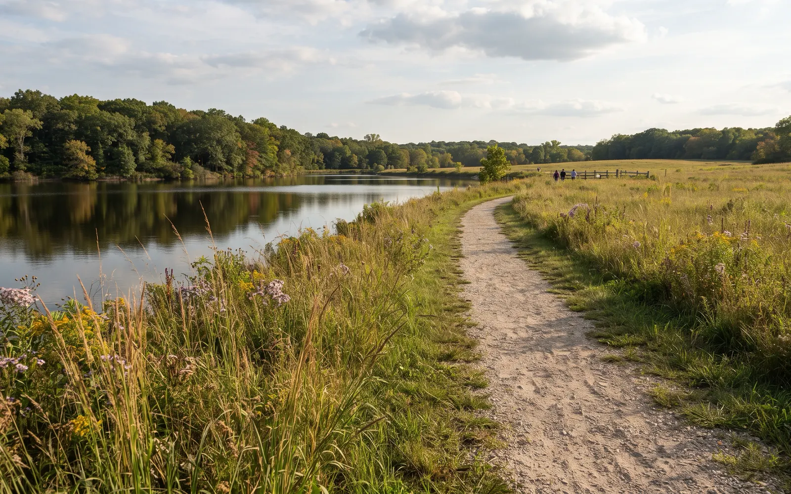 Illustration of a forest preserve reservoir and prairie trail in late summer, typical of Buffalo Grove, Illinois